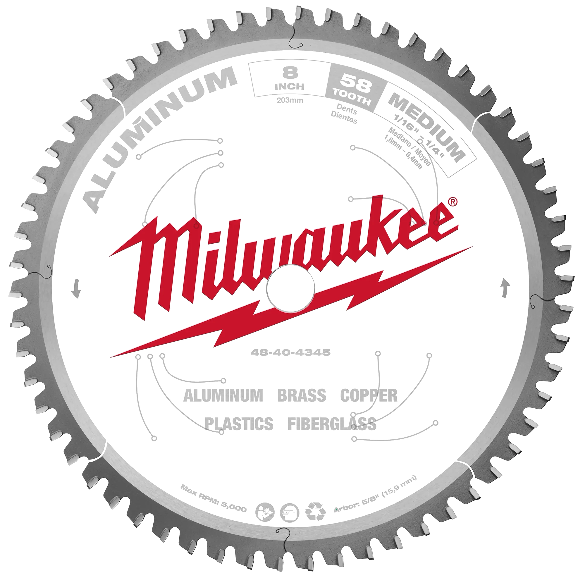 MILWAUKEE 48404345 - Discos - DE SIERRA 8 PULG (203 MM) 58 DIENTES - PARA METALES NO FERROZOS (ACCESORIOS)